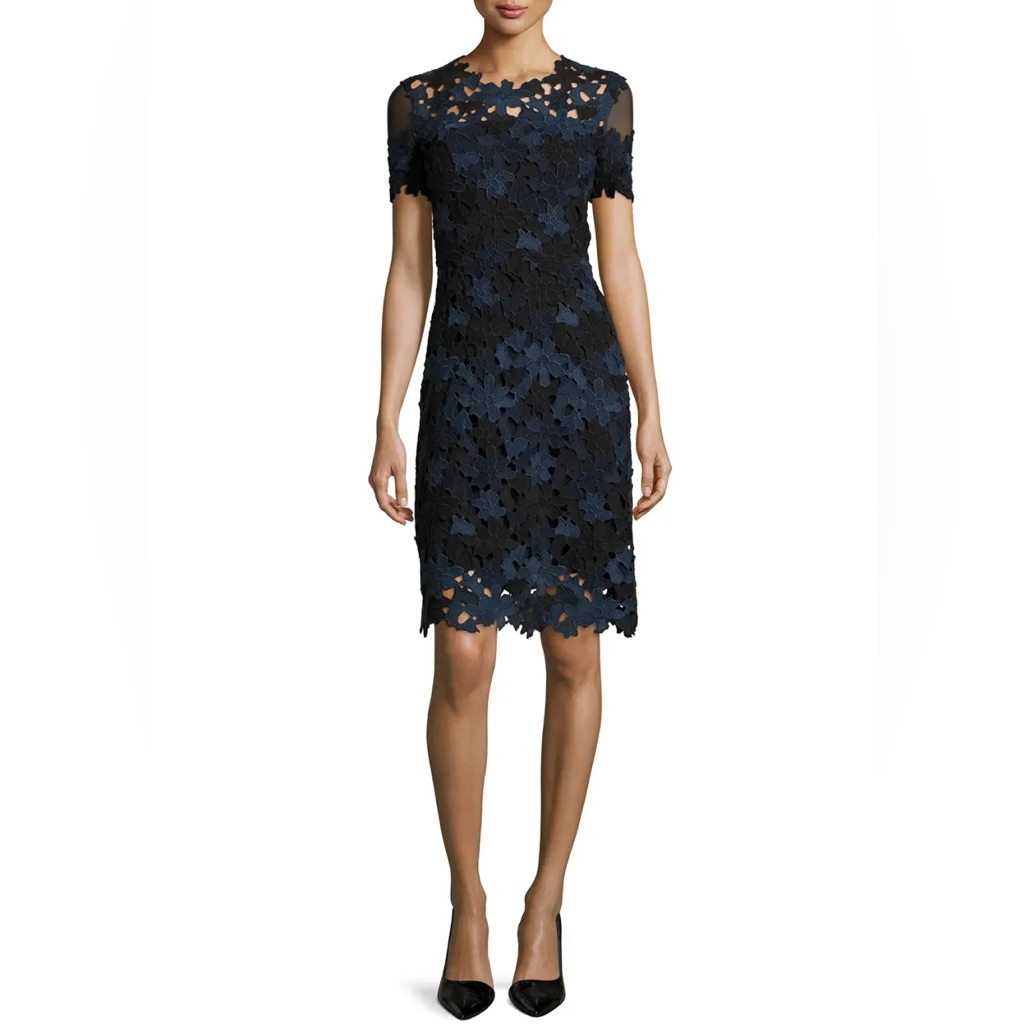 Elie Tahari Ophelia Navy And Black Floral Lace Midi Dress